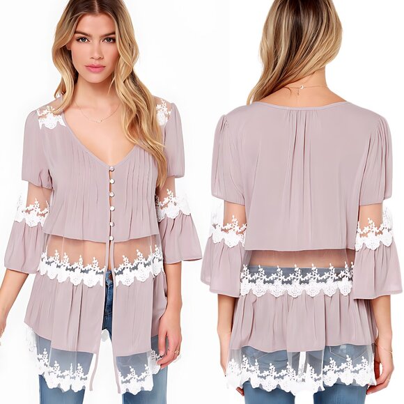 Taupe Boho Lace Accent Bohemian Style Summer Button Blouse Top NEW NWT - Picture 2 of 6
